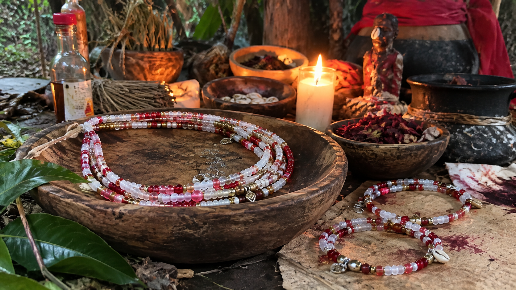Perles spirituelles de hanche et de pieds préparées pour accompagner le couple