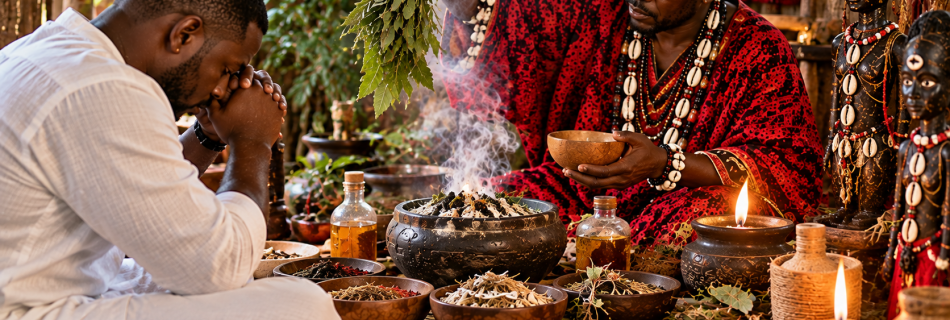 Rituel de déblocage spirituel et de désenvoûtement inspiré du vodoun béninois, avec un praticien utilisant des plantes et des objets traditionnels.
