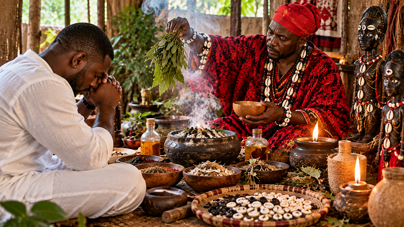 Rituel de déblocage spirituel et de désenvoûtement inspiré du vodoun béninois, avec un praticien utilisant des plantes et des objets traditionnels.